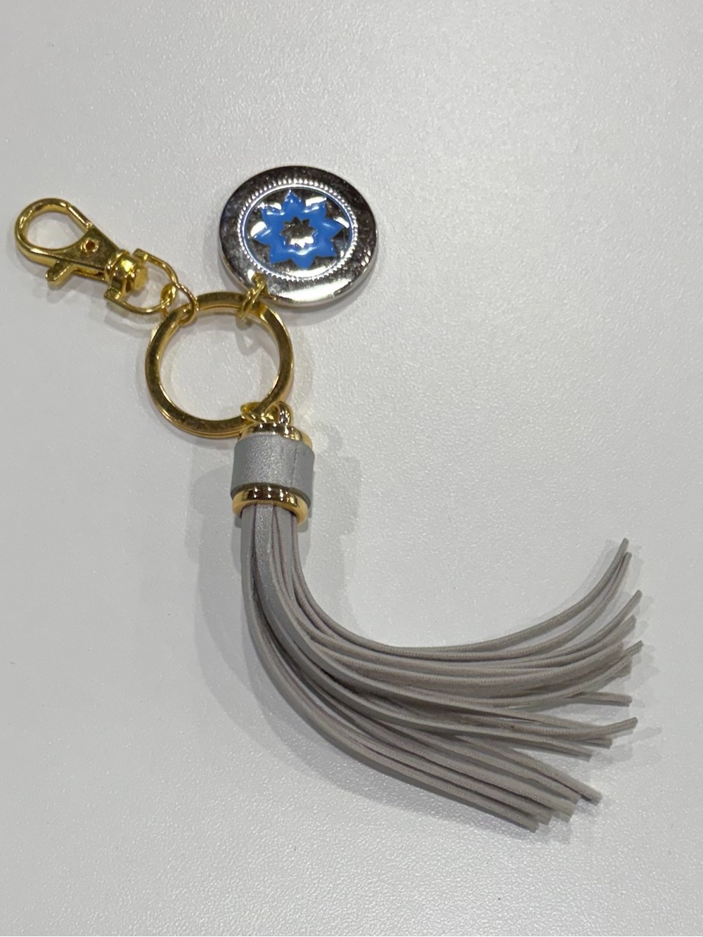 Club Pilates Keychain Keys Tassel Blue Logo Like New Grey Leather Fringe Charm